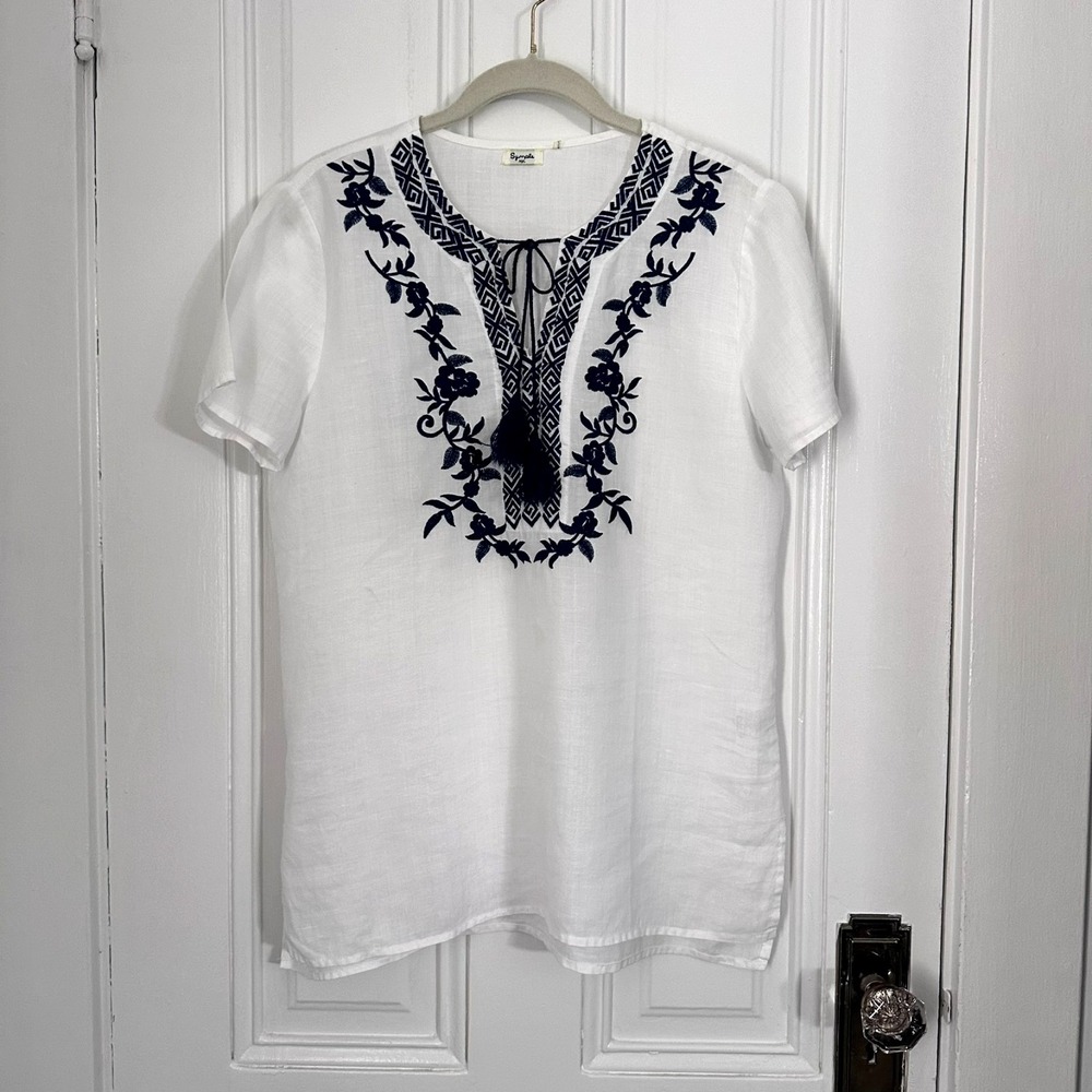 Symple NYC Linen Embroidered Blouse White Blue Boho Top Medium